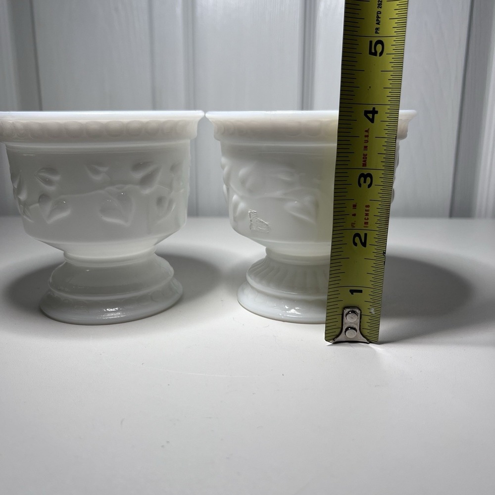 2-Vtg 1970s White Milk Glass Vase/Planter Ivy Vine Ribbed Pedestal - Picture 4 of 7